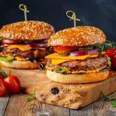 Dwa soczyste burgery wołowe z serem, warzywami i piklami na drewnianej desce.