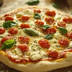 Świeżo upieczona pizza margherita z pomidorkami koktajlowymi, mozzarellą i bazylią.